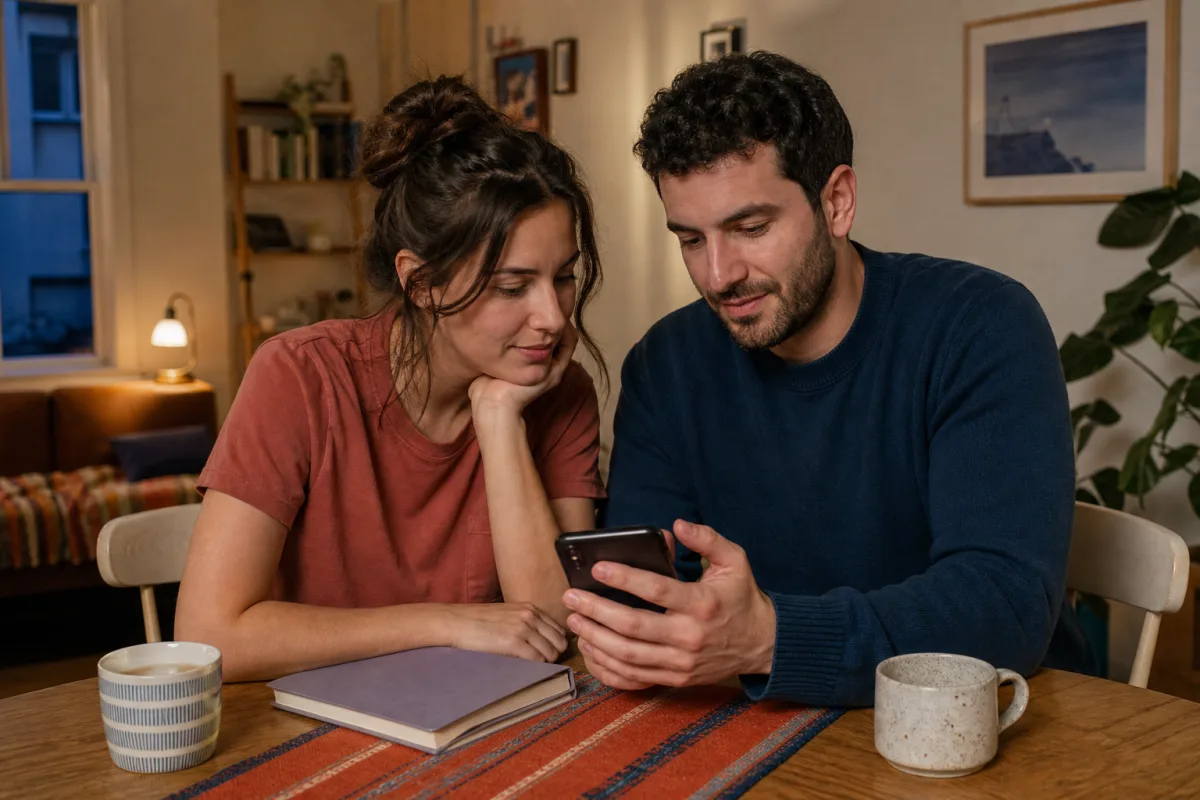 Two adults comparing dating app options together, illustrating a choice people may face after an HSV diagnosis.