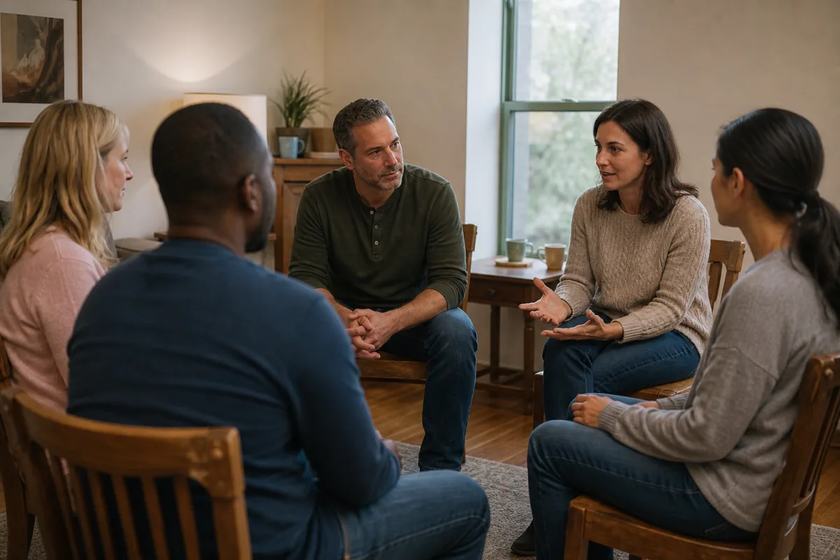 Five people seated in a peer support circle, illustrating one possible format for a herpes support group.