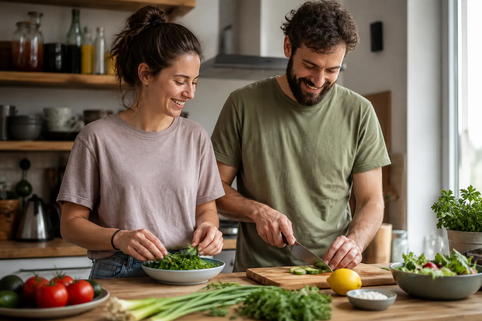 A couple cooking together while living an ordinary life after an HSV diagnosis.