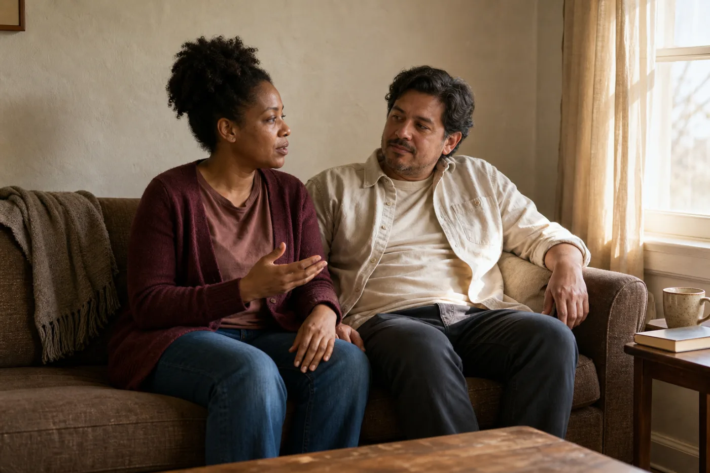 Two people having a quiet partner conversation, illustrating dating after an HSV diagnosis.